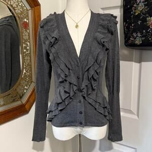 JW Petite Charcoal Grey Cotton Blend Ruffled Button Up Preppy Cardigan Top M